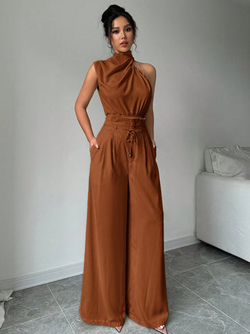 2pcs/Set Women Turtleneck Sleeveless Top And Wide Leg Pants