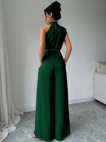 2pcs/Set Women Turtleneck Sleeveless Top And Wide Leg Pants