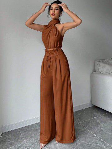 2pcs/Set Women Turtleneck Sleeveless Top And Wide Leg Pants