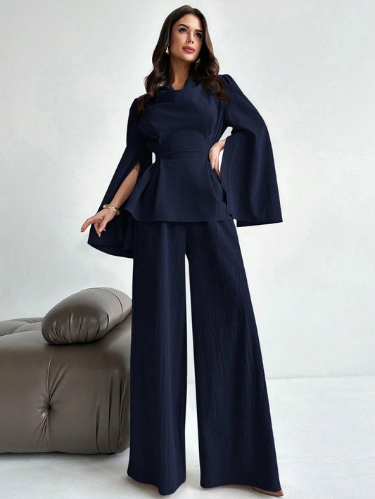2pcs/Set Women's Lace-Up Long Sleeve Blouse Top And Mermaid Hem Skirt Suit
