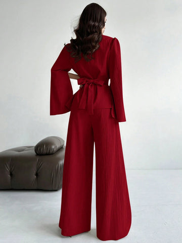 2pcs/Set Women's Lace-Up Long Sleeve Blouse Top And Mermaid Hem Skirt Suit