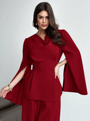 2pcs/Set Women's Lace-Up Long Sleeve Blouse Top And Mermaid Hem Skirt Suit