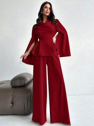 2pcs/Set Women's Lace-Up Long Sleeve Blouse Top And Mermaid Hem Skirt Suit