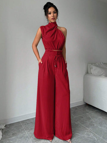2pcs/Set Women Turtleneck Sleeveless Top And Wide Leg Pants