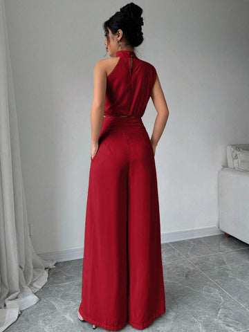 2pcs/Set Women Turtleneck Sleeveless Top And Wide Leg Pants
