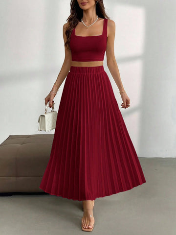 Firerie Women Simple White Tank Top And Pleated Skirt 2-Piece Set