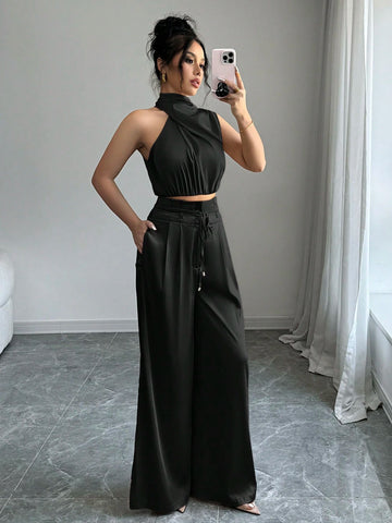 2pcs/Set Women Turtleneck Sleeveless Top And Wide Leg Pants