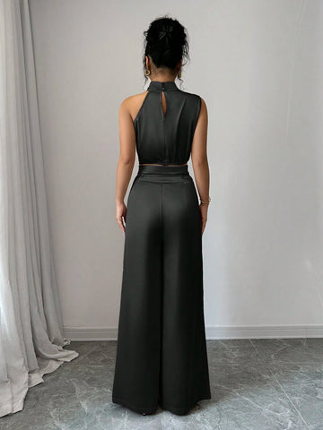 2pcs/Set Women Turtleneck Sleeveless Top And Wide Leg Pants