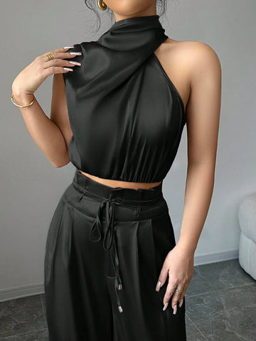 2pcs/Set Women Turtleneck Sleeveless Top And Wide Leg Pants