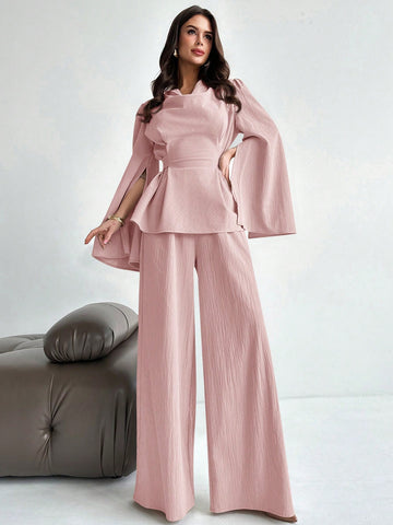 2pcs/Set Women's Lace-Up Long Sleeve Blouse Top And Mermaid Hem Skirt Suit