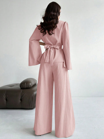 2pcs/Set Women's Lace-Up Long Sleeve Blouse Top And Mermaid Hem Skirt Suit