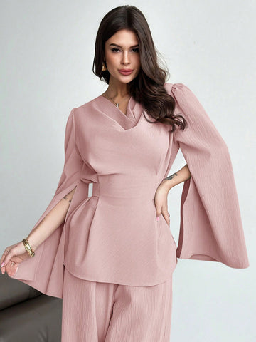 2pcs/Set Women's Lace-Up Long Sleeve Blouse Top And Mermaid Hem Skirt Suit