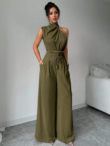 2pcs/Set Women Turtleneck Sleeveless Top And Wide Leg Pants