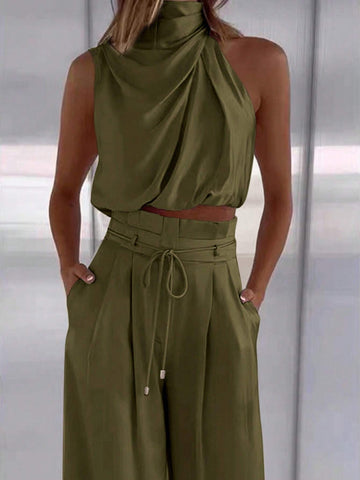 2pcs/Set Women Turtleneck Sleeveless Top And Wide Leg Pants
