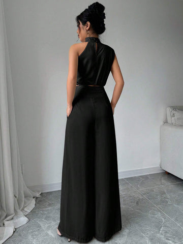 2pcs/Set Women Turtleneck Sleeveless Top And Wide Leg Pants