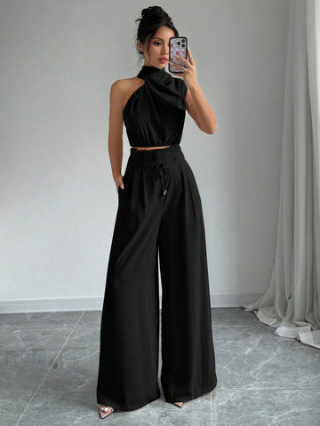 2pcs/Set Women Turtleneck Sleeveless Top And Wide Leg Pants