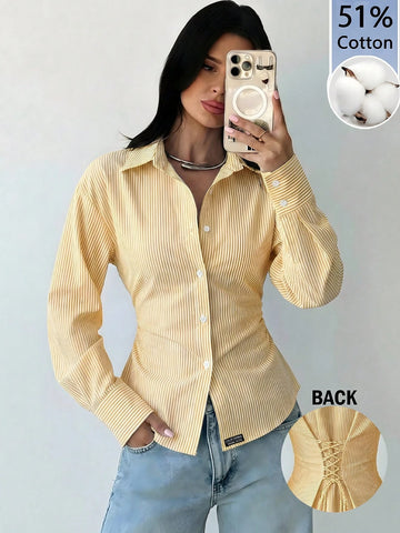 Women's White Long Sleeve Tie-Waist Shirt