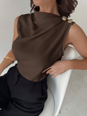 Asymmetric Pleated Collar Metal Button Sleeveless Shirt