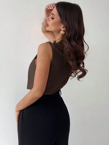 Asymmetric Pleated Collar Metal Button Sleeveless Shirt
