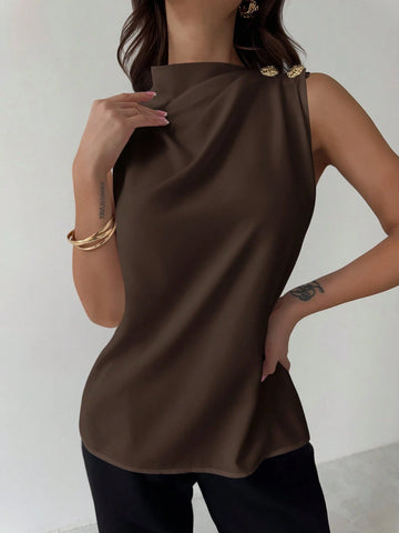 Asymmetric Pleated Collar Metal Button Sleeveless Shirt