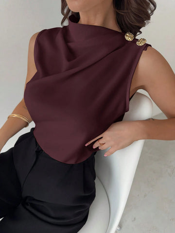Asymmetric Pleated Collar Metal Button Sleeveless Shirt