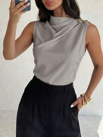 Asymmetric Pleated Collar Metal Button Sleeveless Shirt