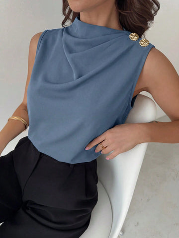 Asymmetric Pleated Collar Metal Button Sleeveless Shirt