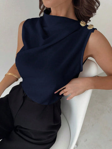 Asymmetric Pleated Collar Metal Button Sleeveless Shirt