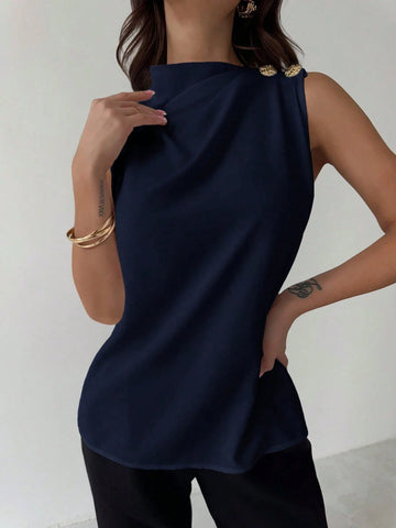 Asymmetric Pleated Collar Metal Button Sleeveless Shirt