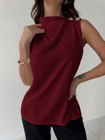 Asymmetric Pleated Collar Metal Button Sleeveless Shirt