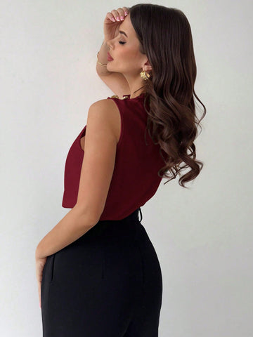 Asymmetric Pleated Collar Metal Button Sleeveless Shirt