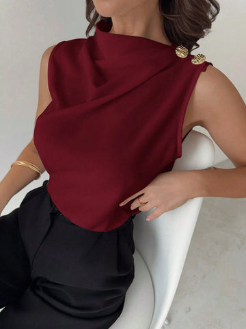 Asymmetric Pleated Collar Metal Button Sleeveless Shirt