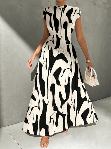 Asymmetrical A-Line Midi Dress With Stand Collar And Cinch Waist