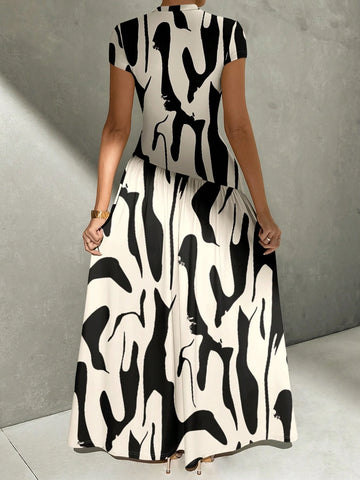 Asymmetrical A-Line Midi Dress With Stand Collar And Cinch Waist