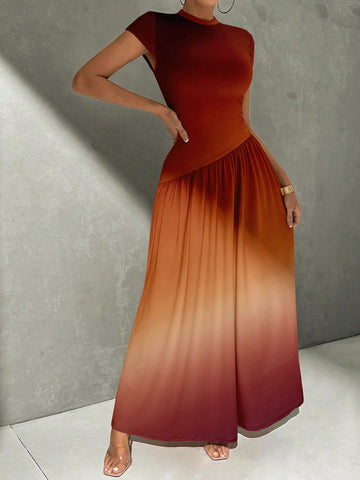 Asymmetrical A-Line Midi Dress With Stand Collar And Cinch Waist