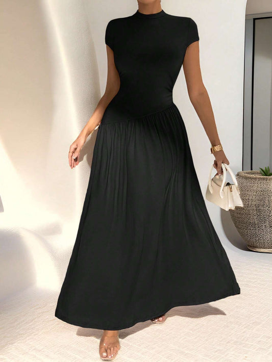 Asymmetrical A-Line Midi Dress With Stand Collar And Cinch Waist