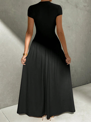 Asymmetrical A-Line Midi Dress With Stand Collar And Cinch Waist