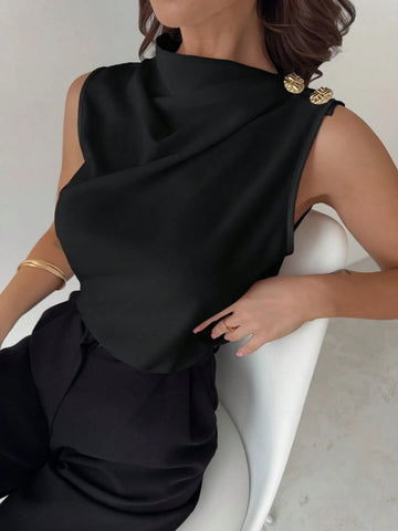 Asymmetric Pleated Collar Metal Button Sleeveless Shirt