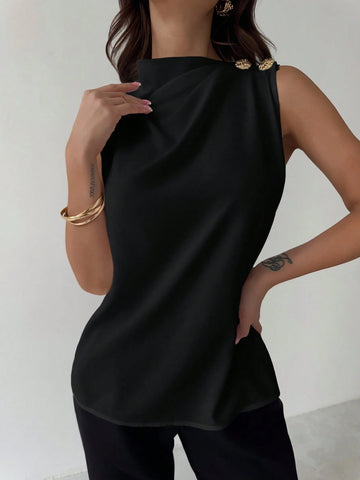 Asymmetric Pleated Collar Metal Button Sleeveless Shirt