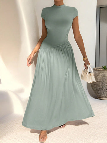 Asymmetrical A-Line Midi Dress With Stand Collar And Cinch Waist