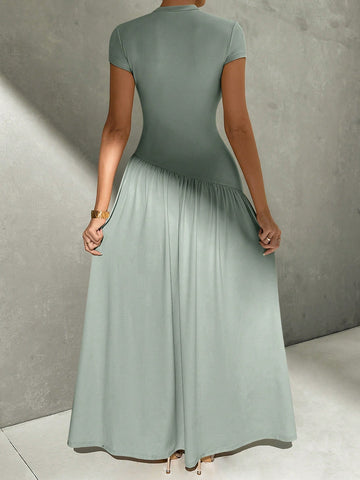 Asymmetrical A-Line Midi Dress With Stand Collar And Cinch Waist