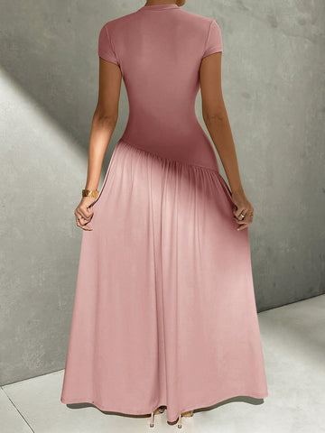 Asymmetrical A-Line Midi Dress With Stand Collar And Cinch Waist