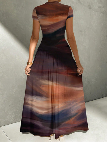 Asymmetrical A-Line Midi Dress With Stand Collar And Cinch Waist