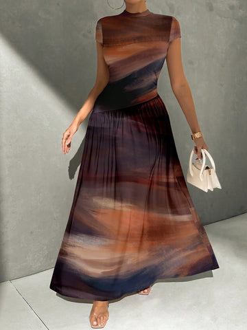 Asymmetrical A-Line Midi Dress With Stand Collar And Cinch Waist