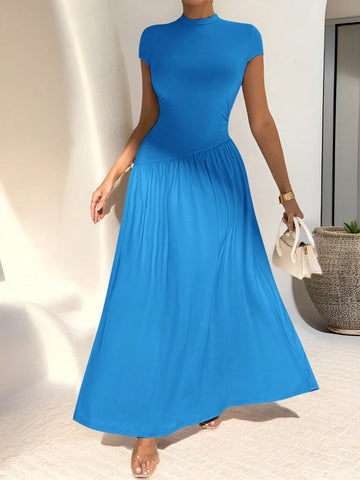 Asymmetrical A-Line Midi Dress With Stand Collar And Cinch Waist