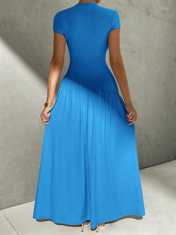 Asymmetrical A-Line Midi Dress With Stand Collar And Cinch Waist