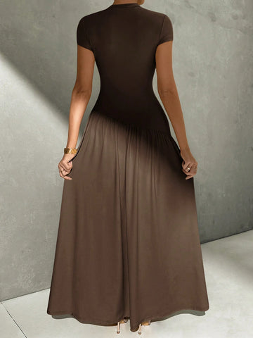 Asymmetrical A-Line Midi Dress With Stand Collar And Cinch Waist