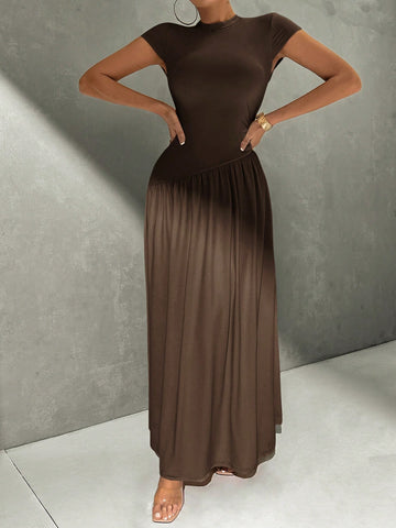 Asymmetrical A-Line Midi Dress With Stand Collar And Cinch Waist