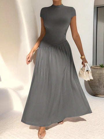Asymmetrical A-Line Midi Dress With Stand Collar And Cinch Waist