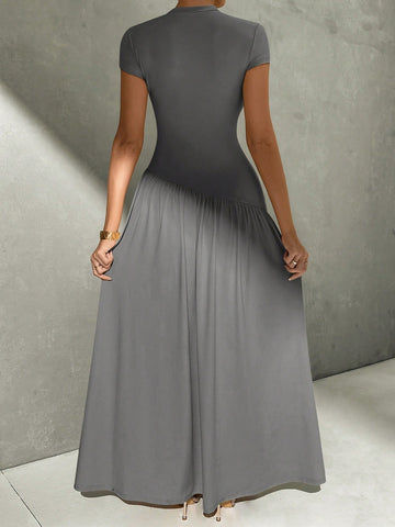 Asymmetrical A-Line Midi Dress With Stand Collar And Cinch Waist